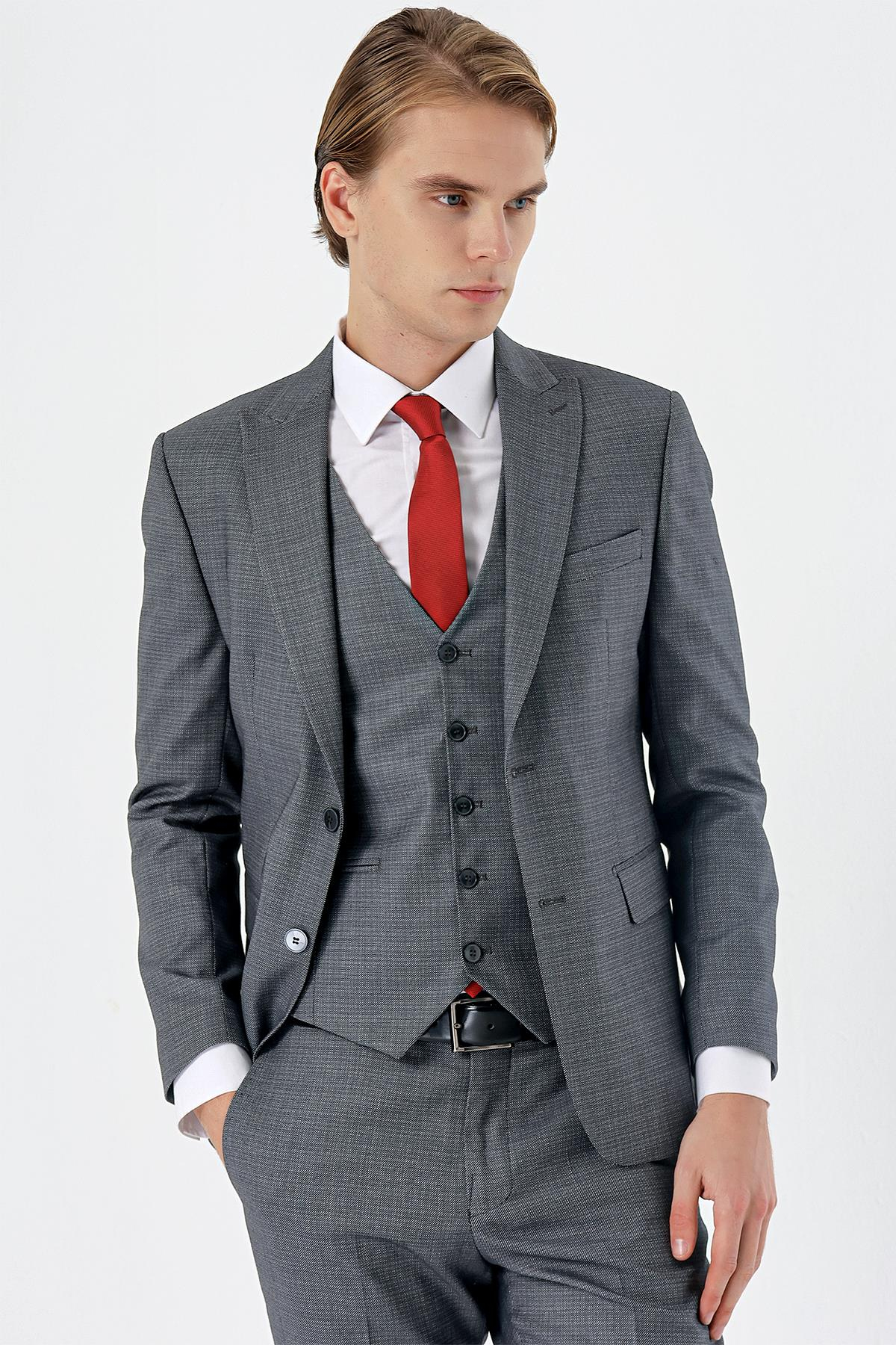 Füme Kırlangıç Yaka Yelekli 6 Drop Slim Fit Tam Astar Takım Elbise 1001235177