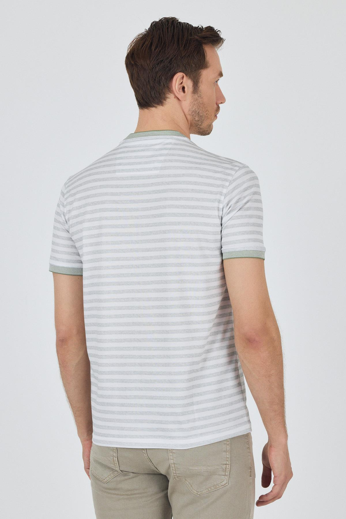 Yeşil Kısa Kol Çizgili Desen Suprem Bisiklet Yaka Cepsiz Slim Fit Tişört 1011250106