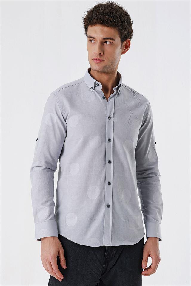 Gri Kısalabilir Kollu Desenli JakarlıCepsiz %100 Pamuk Casual Slim Fit Gömlek 1004230183