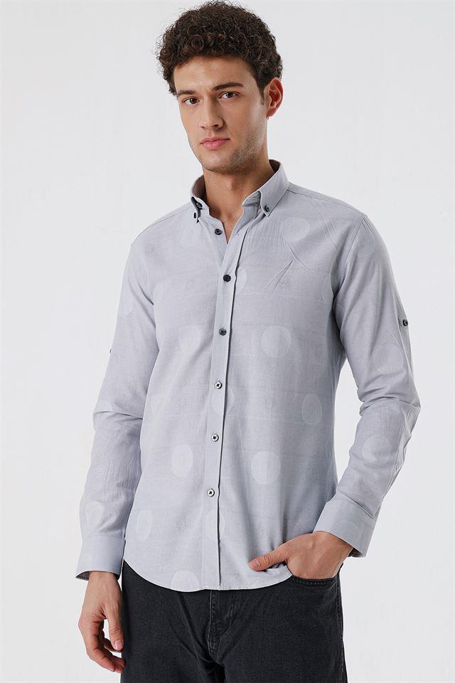 Gri Kısalabilir Kollu Desenli JakarlıCepsiz %100 Pamuk Casual Slim Fit Gömlek 1004230183
