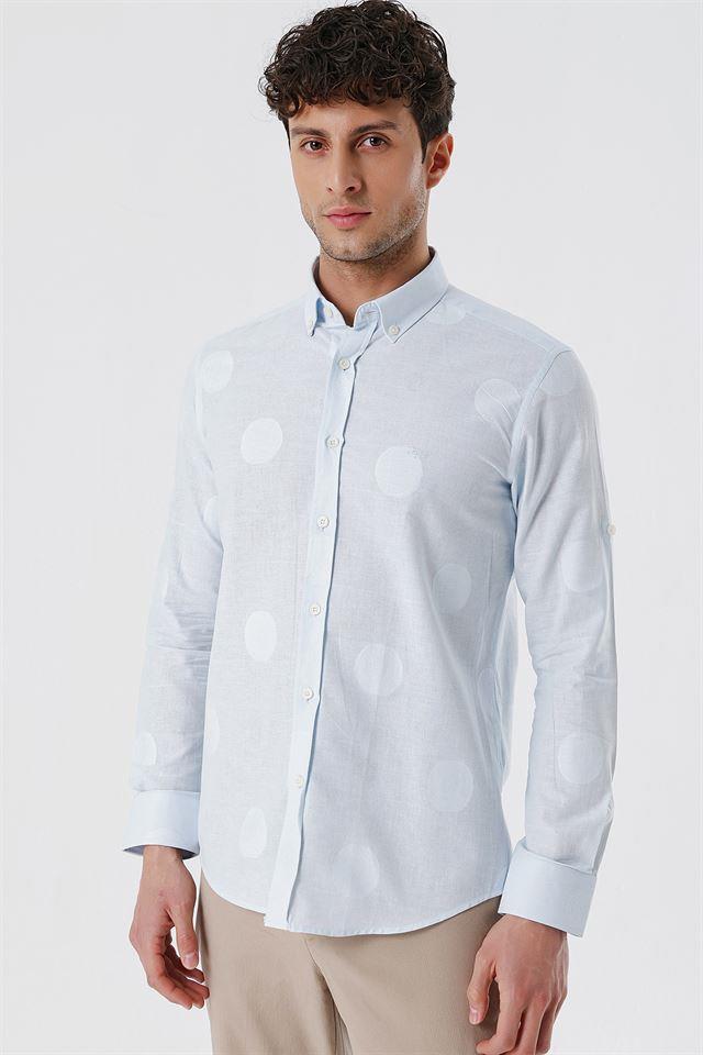 Mavi Kısalabilir Kollu Desenli JakarlıCepsiz %100 Pamuk Casual Slim Fit Gömlek 1004230183