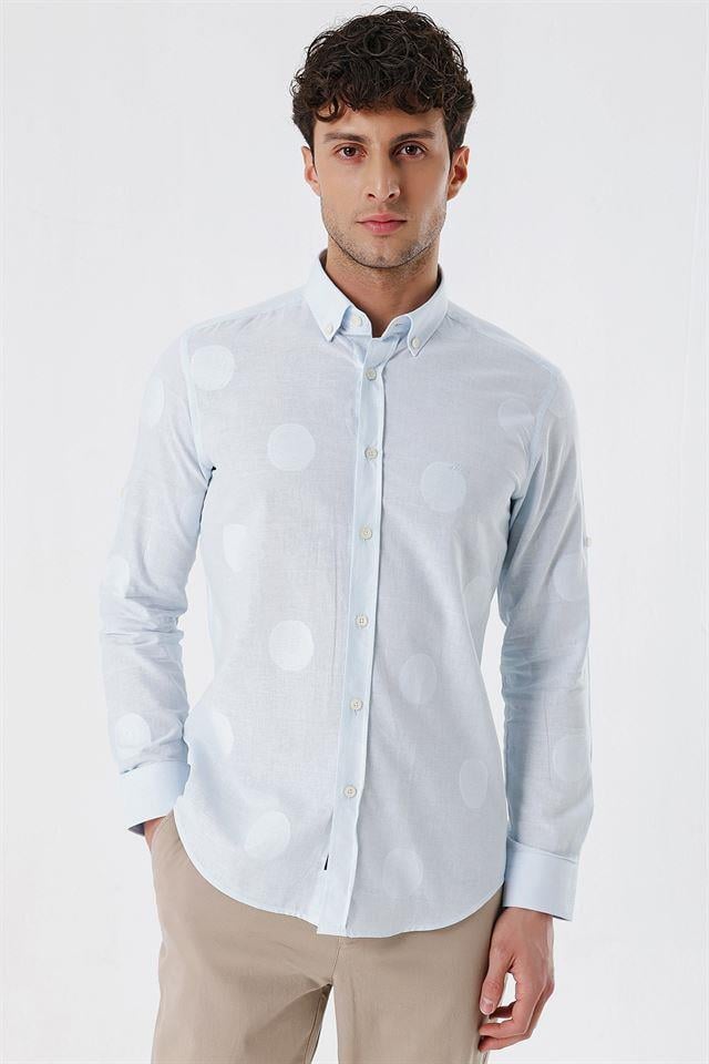 Mavi Kısalabilir Kollu Desenli JakarlıCepsiz %100 Pamuk Casual Slim Fit Gömlek 1004230183