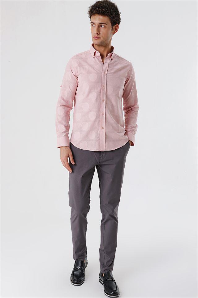 Pembe Kısalabilir Kollu Desenli JakarlıCepsiz %100 Pamuk Casual Slim Fit Gömlek 1004230183