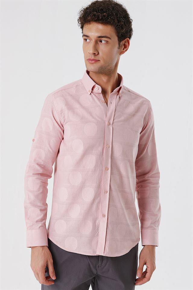 Pembe Kısalabilir Kollu Desenli JakarlıCepsiz %100 Pamuk Casual Slim Fit Gömlek 1004230183