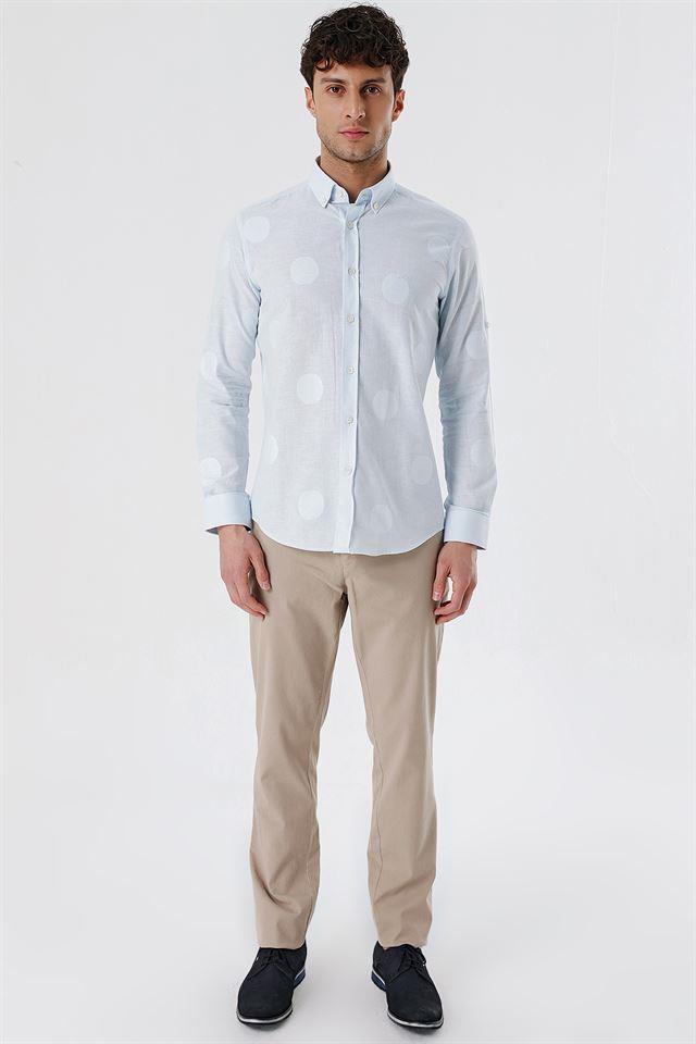 Mavi Kısalabilir Kollu Desenli JakarlıCepsiz %100 Pamuk Casual Slim Fit Gömlek 1004230183