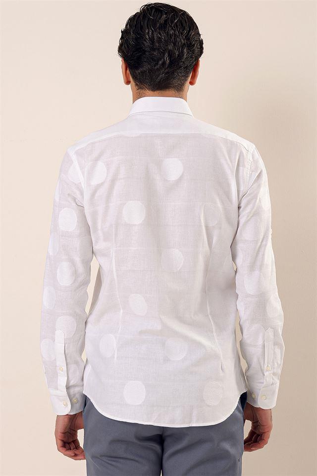 Beyaz Kısalabilir Kollu Desenli JakarlıCepsiz %100 Pamuk Casual Slim Fit Gömlek 1004230183