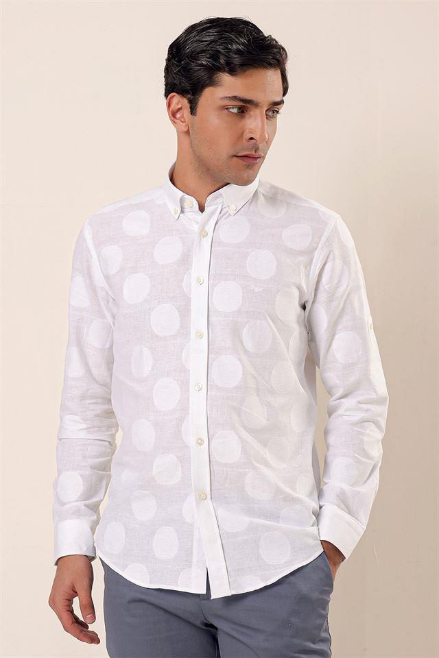 Beyaz Kısalabilir Kollu Desenli JakarlıCepsiz %100 Pamuk Casual Slim Fit Gömlek 1004230183
