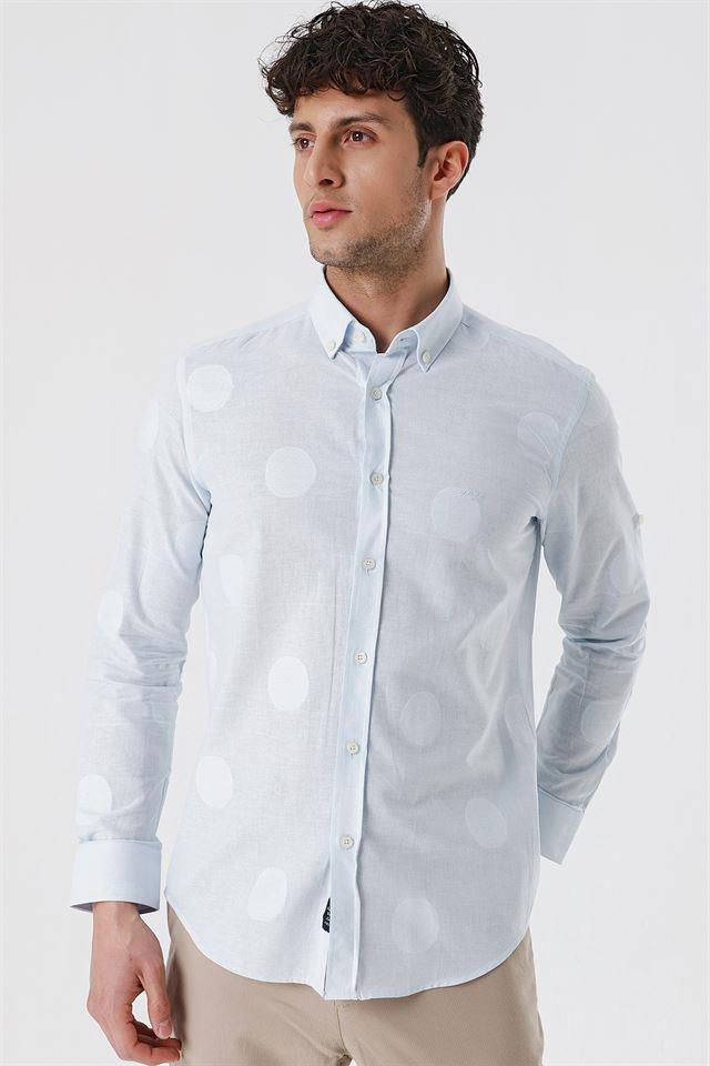 Mavi Kısalabilir Kollu Desenli JakarlıCepsiz %100 Pamuk Casual Slim Fit Gömlek 1004230183
