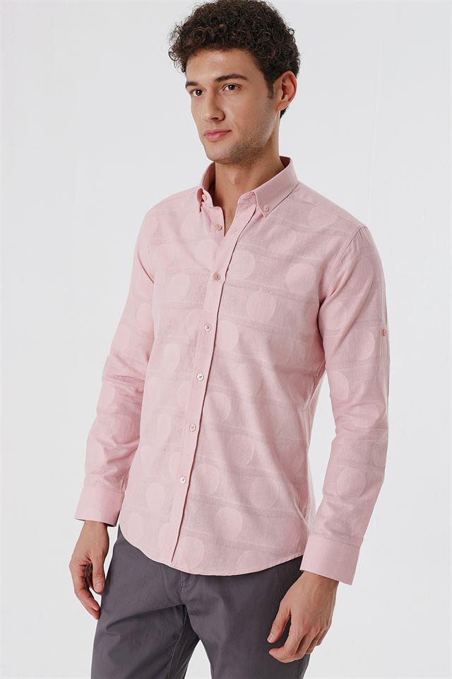 Pembe Kısalabilir Kollu Desenli JakarlıCepsiz %100 Pamuk Casual Slim Fit Gömlek 1004230183