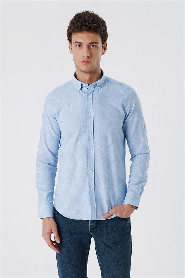 Mavi Kısalabilir Kollu Desenli JakarlıCepsiz %100 Pamuk Casual Slim Fit Gömlek 1004230182
