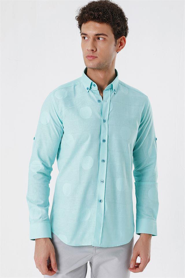Yeşil Kısalabilir Kollu Desenli JakarlıCepsiz %100 Pamuk Casual Slim Fit Gömlek 1004230183