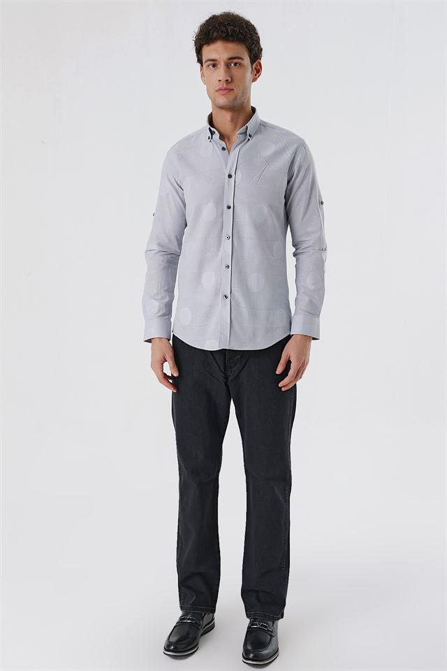Gri Kısalabilir Kollu Desenli JakarlıCepsiz %100 Pamuk Casual Slim Fit Gömlek 1004230183