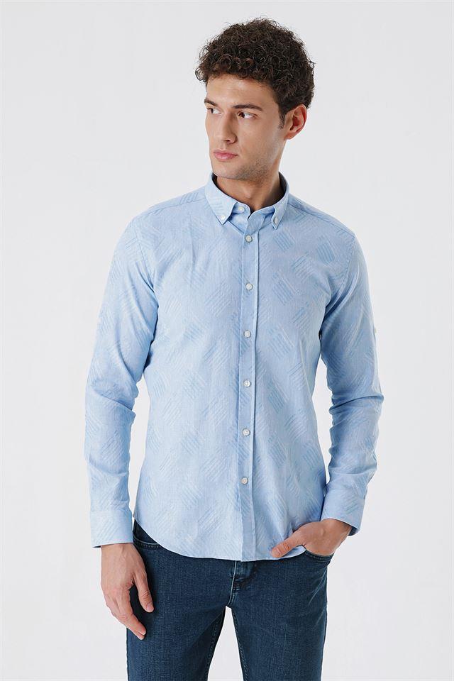 Mavi Kısalabilir Kollu Desenli JakarlıCepsiz %100 Pamuk Casual Slim Fit Gömlek 1004230182