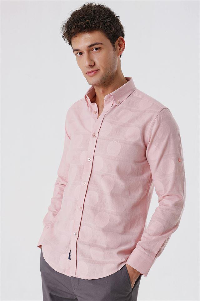 Pembe Kısalabilir Kollu Desenli JakarlıCepsiz %100 Pamuk Casual Slim Fit Gömlek 1004230183