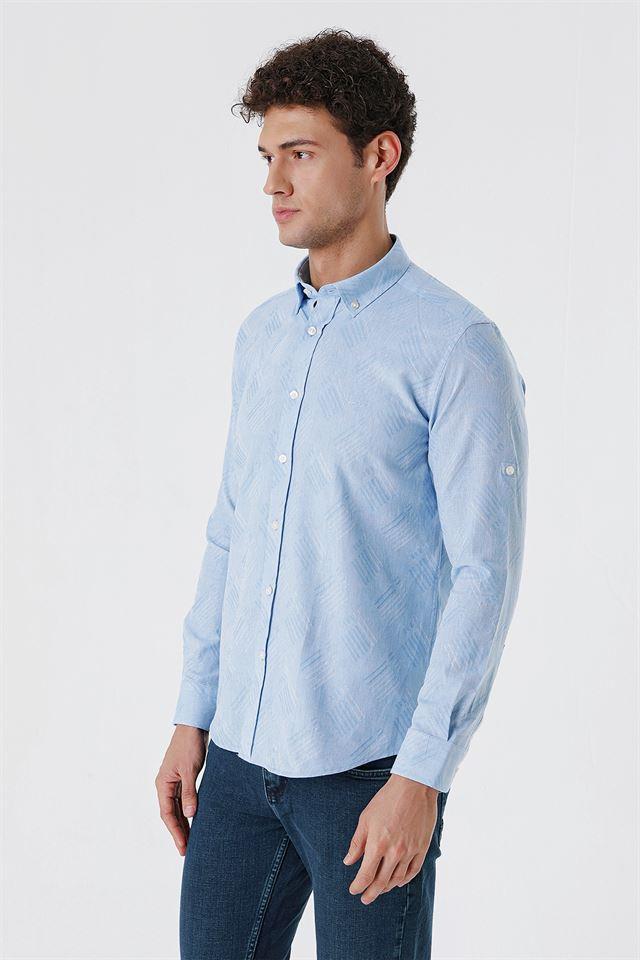 Mavi Kısalabilir Kollu Desenli JakarlıCepsiz %100 Pamuk Casual Slim Fit Gömlek 1004230182
