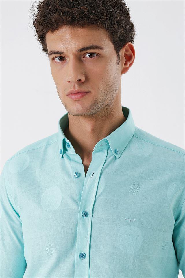 Yeşil Kısalabilir Kollu Desenli JakarlıCepsiz %100 Pamuk Casual Slim Fit Gömlek 1004230183
