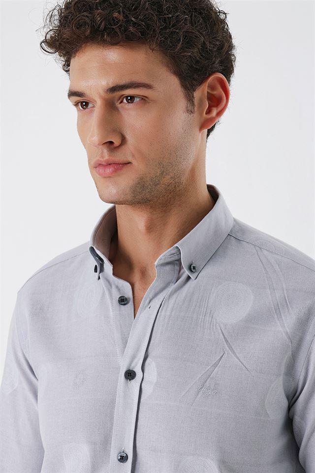 Gri Kısalabilir Kollu Desenli JakarlıCepsiz %100 Pamuk Casual Slim Fit Gömlek 1004230183