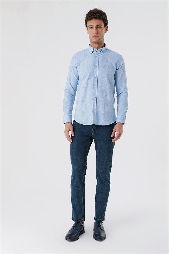Mavi Kısalabilir Kollu Desenli JakarlıCepsiz %100 Pamuk Casual Slim Fit Gömlek 1004230182