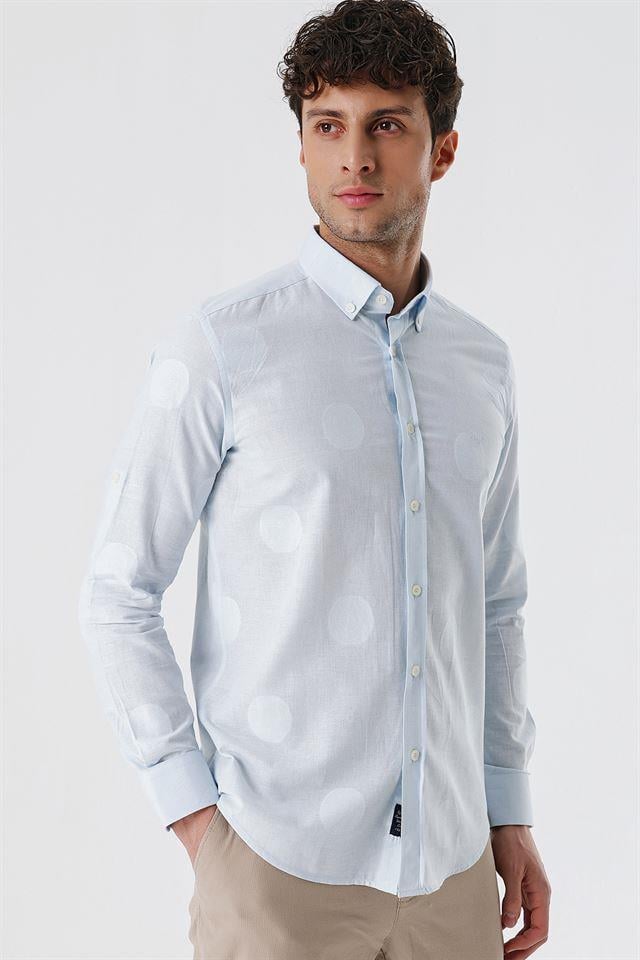 Mavi Kısalabilir Kollu Desenli JakarlıCepsiz %100 Pamuk Casual Slim Fit Gömlek 1004230183