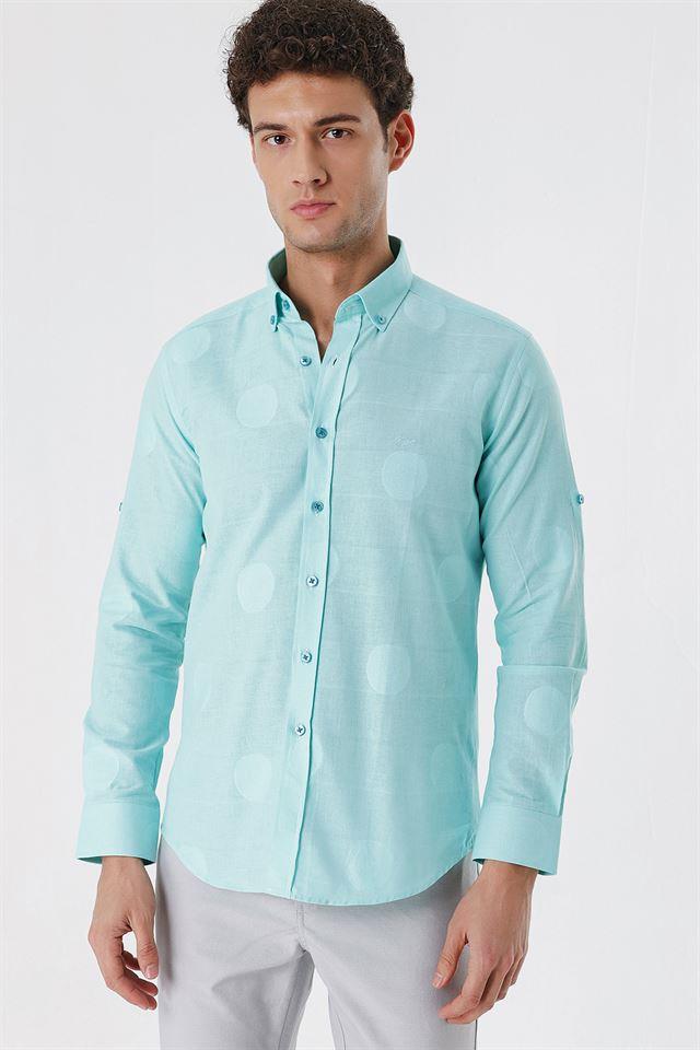 Yeşil Kısalabilir Kollu Desenli JakarlıCepsiz %100 Pamuk Casual Slim Fit Gömlek 1004230183