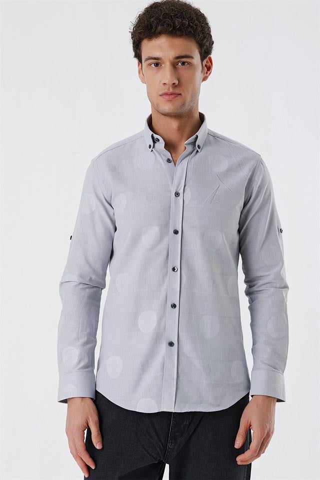 Gri Kısalabilir Kollu Desenli JakarlıCepsiz %100 Pamuk Casual Slim Fit Gömlek 1004230183