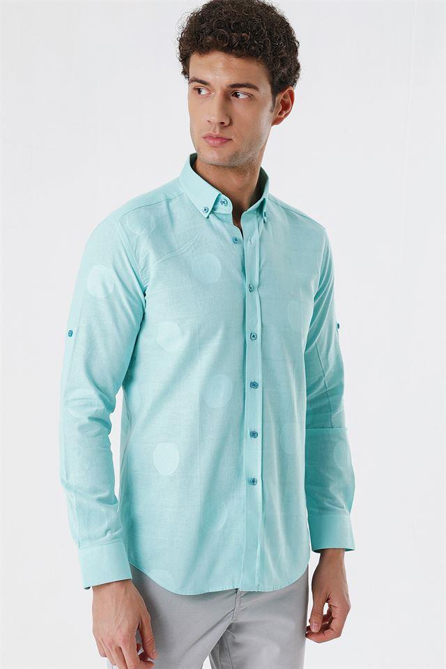 Yeşil Kısalabilir Kollu Desenli JakarlıCepsiz %100 Pamuk Casual Slim Fit Gömlek 1004230183