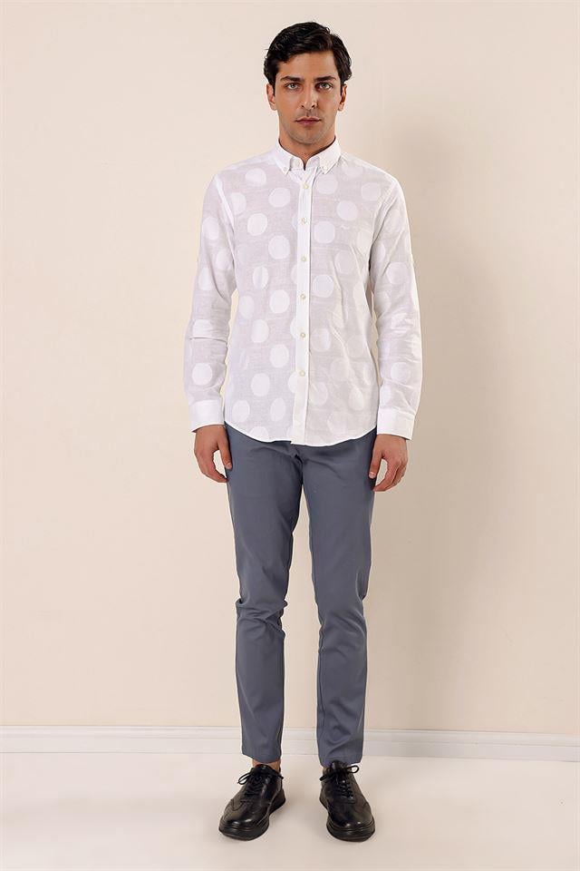 Beyaz Kısalabilir Kollu Desenli JakarlıCepsiz %100 Pamuk Casual Slim Fit Gömlek 1004230183