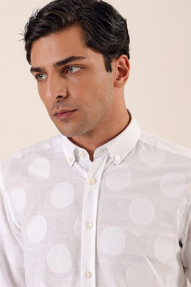 Beyaz Kısalabilir Kollu Desenli JakarlıCepsiz %100 Pamuk Casual Slim Fit Gömlek 1004230183