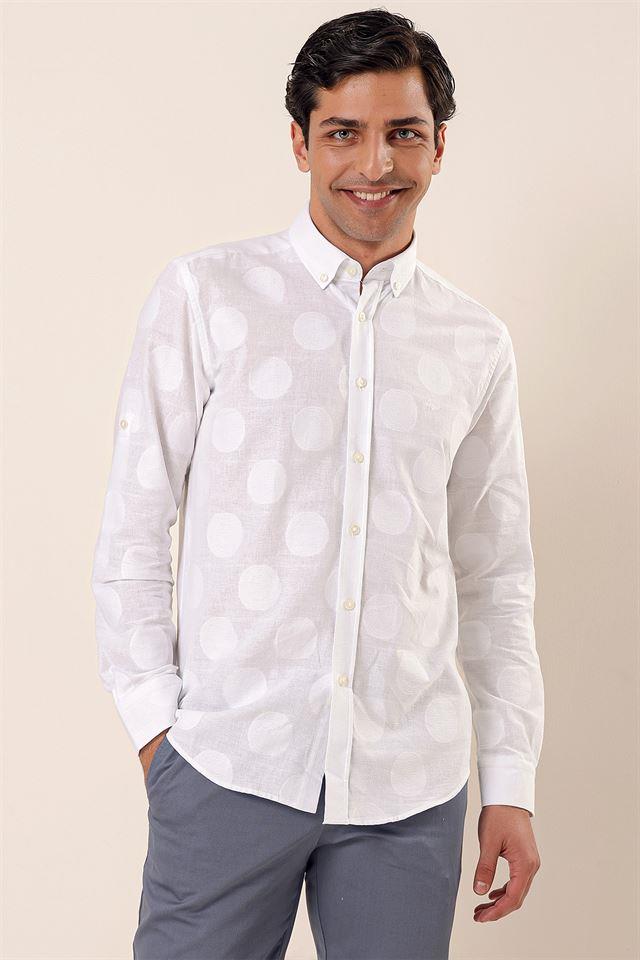 Beyaz Kısalabilir Kollu Desenli JakarlıCepsiz %100 Pamuk Casual Slim Fit Gömlek 1004230183