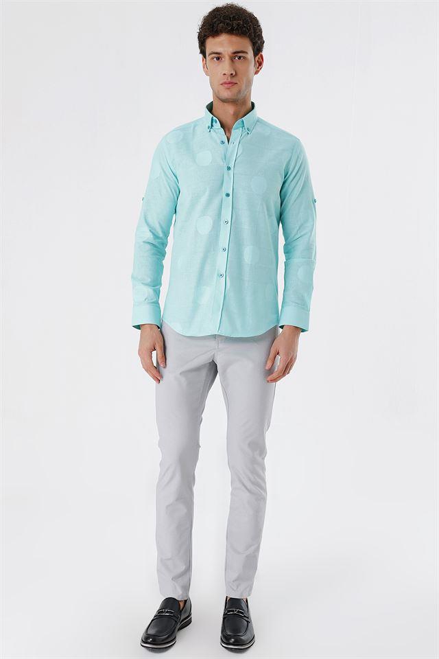 Yeşil Kısalabilir Kollu Desenli JakarlıCepsiz %100 Pamuk Casual Slim Fit Gömlek 1004230183