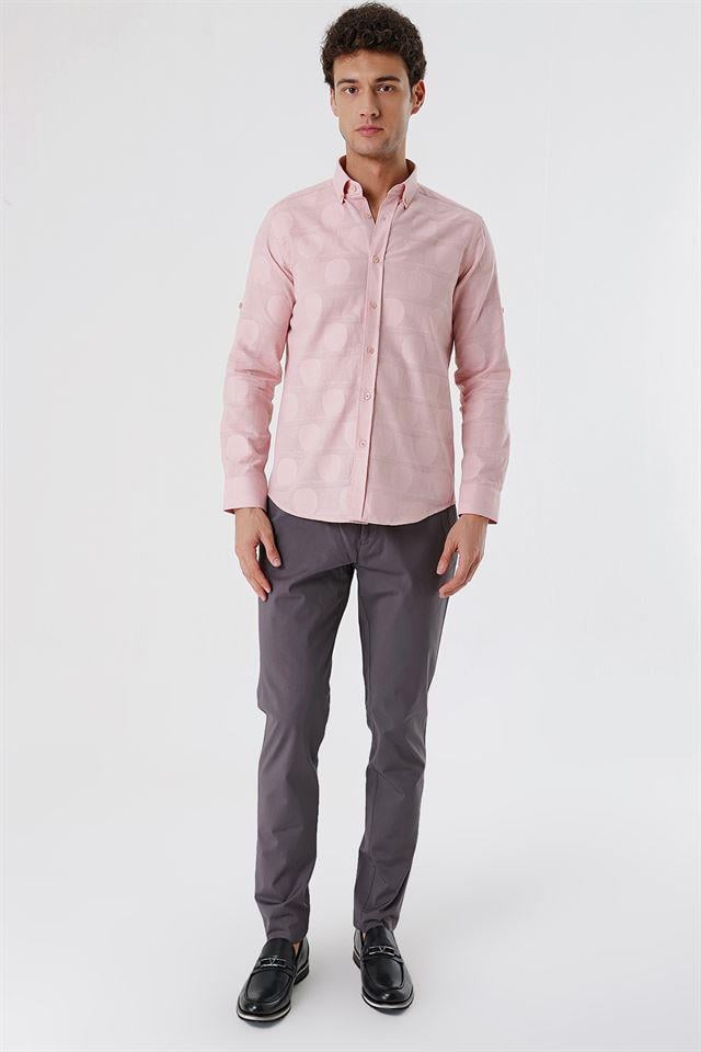 Pembe Kısalabilir Kollu Desenli JakarlıCepsiz %100 Pamuk Casual Slim Fit Gömlek 1004230183