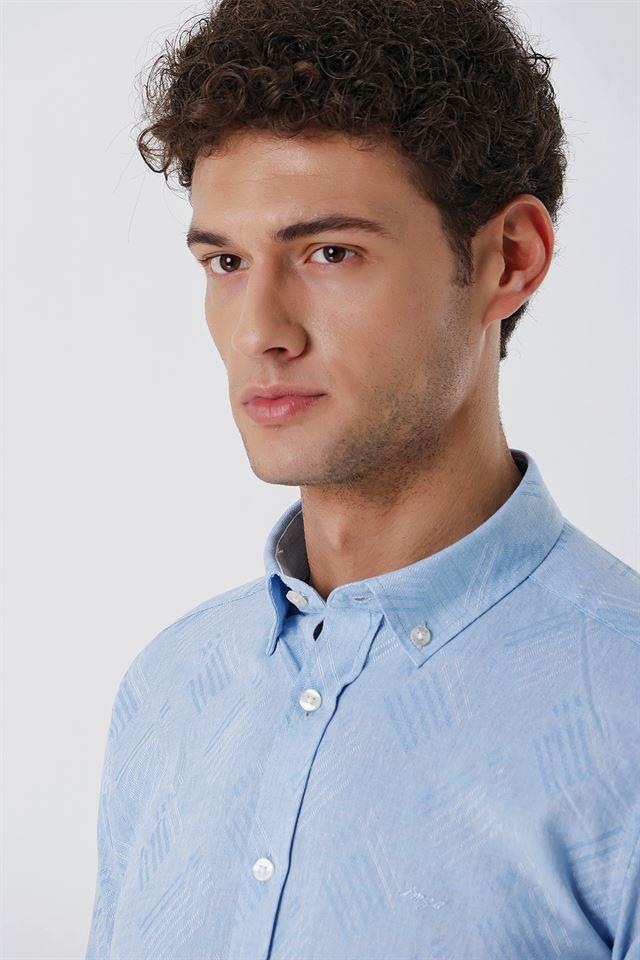 Mavi Kısalabilir Kollu Desenli JakarlıCepsiz %100 Pamuk Casual Slim Fit Gömlek 1004230182
