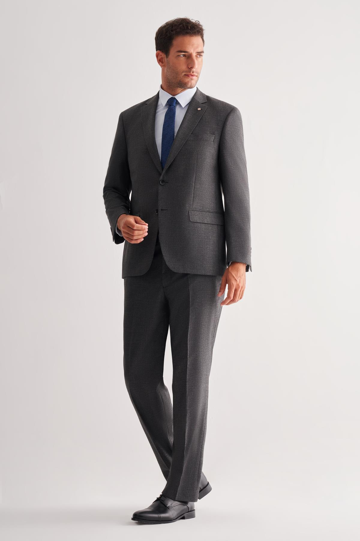 Füme Mono Yaka Çizgili 4 Drop Comfort Fit Tam Astar Esnek Takım Elbise 1001255121