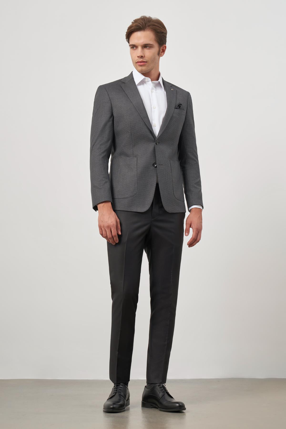 Füme  Kazayağı Desen Mono Yaka Çift Yırtmaç 2 Düğme 6 Drop Slim Fit Classic Ceket 1002245106
