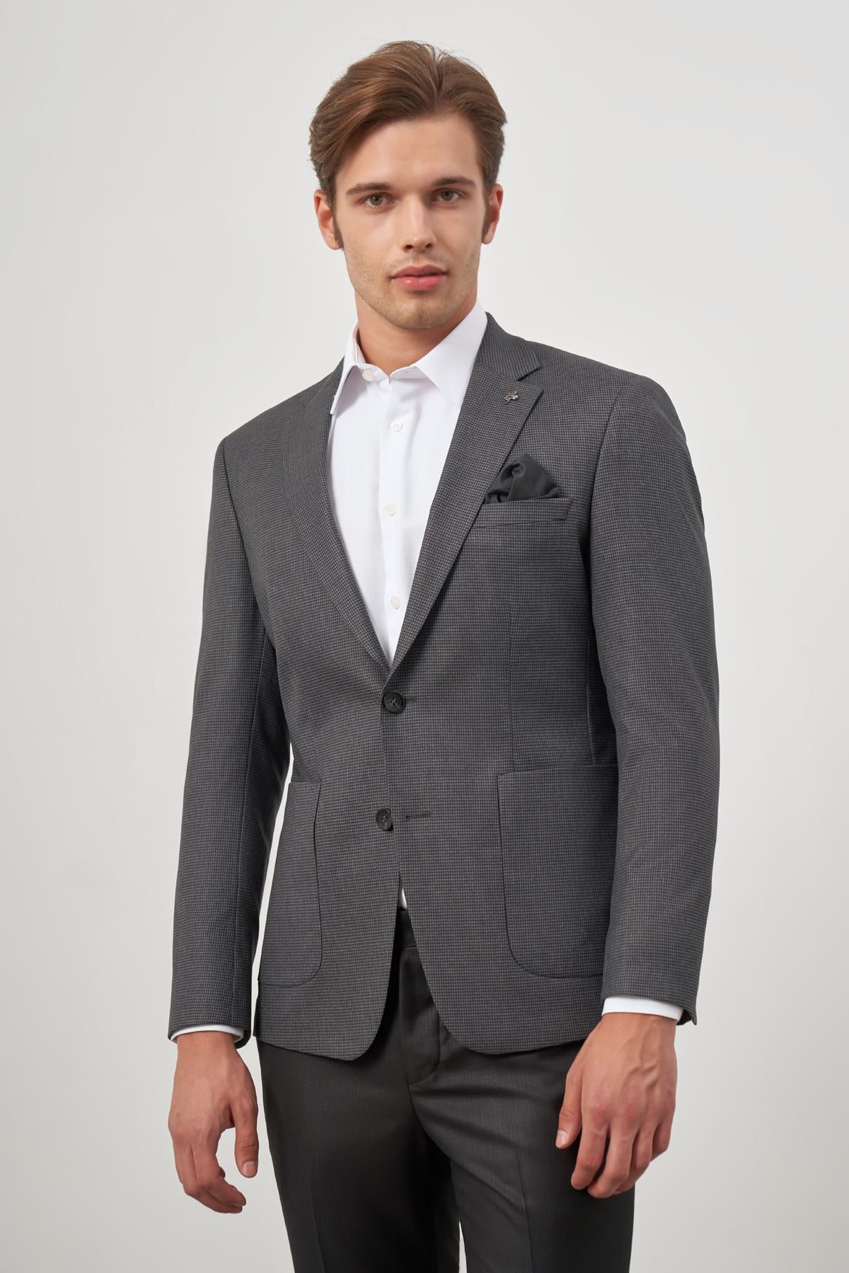 Füme  Kazayağı Desen Mono Yaka Çift Yırtmaç 2 Düğme 6 Drop Slim Fit Classic Ceket 1002245106