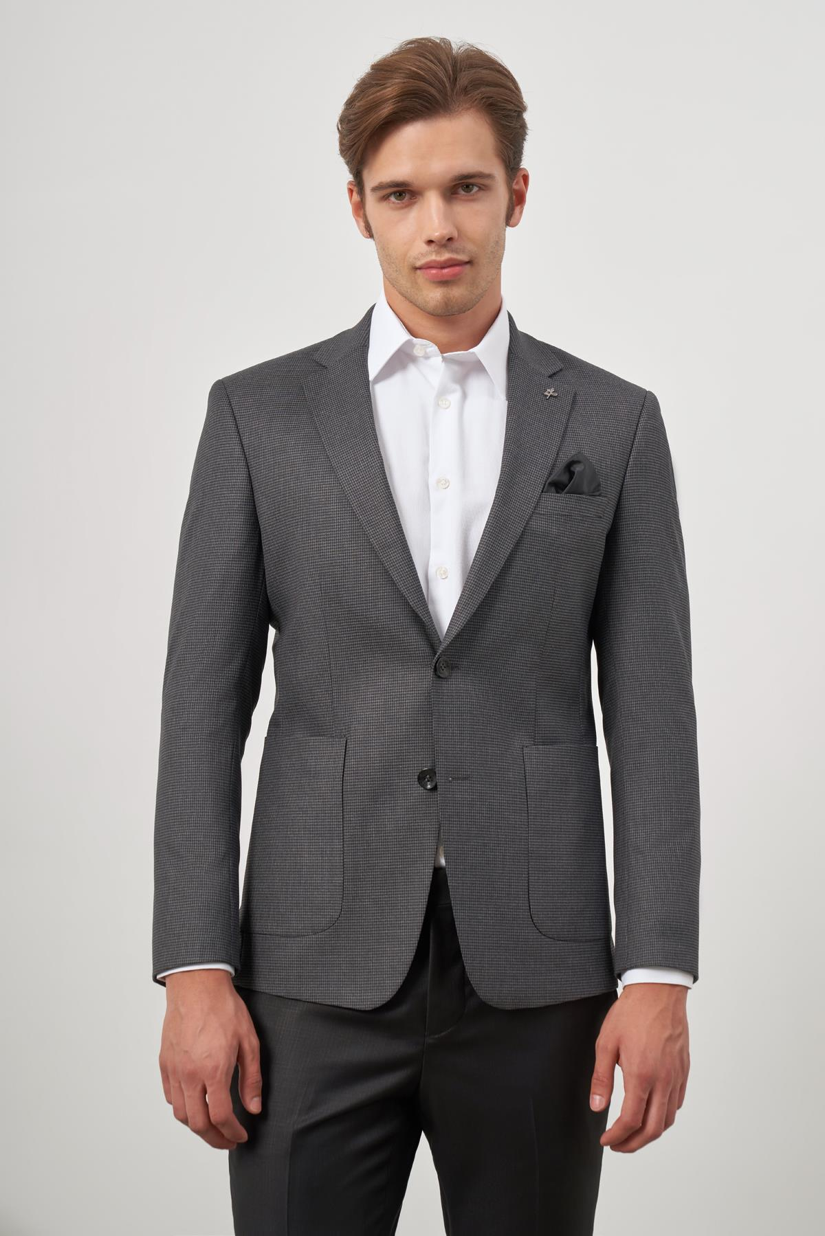 Füme  Kazayağı Desen Mono Yaka Çift Yırtmaç 2 Düğme 6 Drop Slim Fit Classic Ceket 1002245106