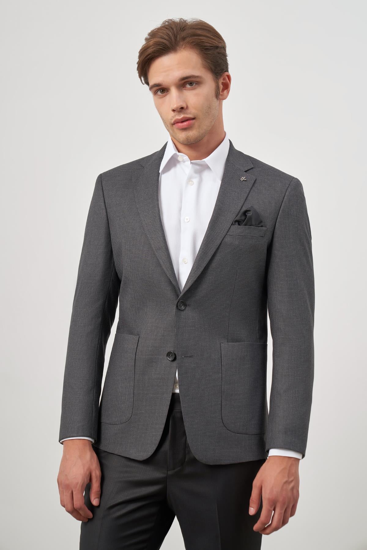 Füme  Kazayağı Desen Mono Yaka Çift Yırtmaç 2 Düğme 6 Drop Slim Fit Classic Ceket 1002245106