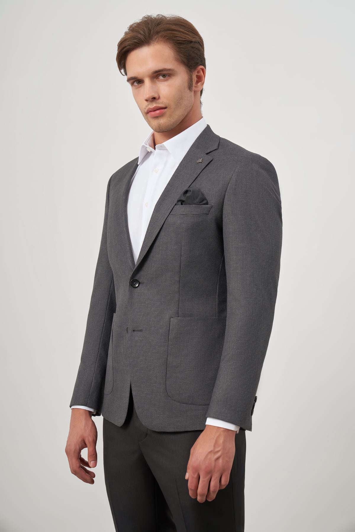 Füme  Kazayağı Desen Mono Yaka Çift Yırtmaç 2 Düğme 6 Drop Slim Fit Classic Ceket 1002245106