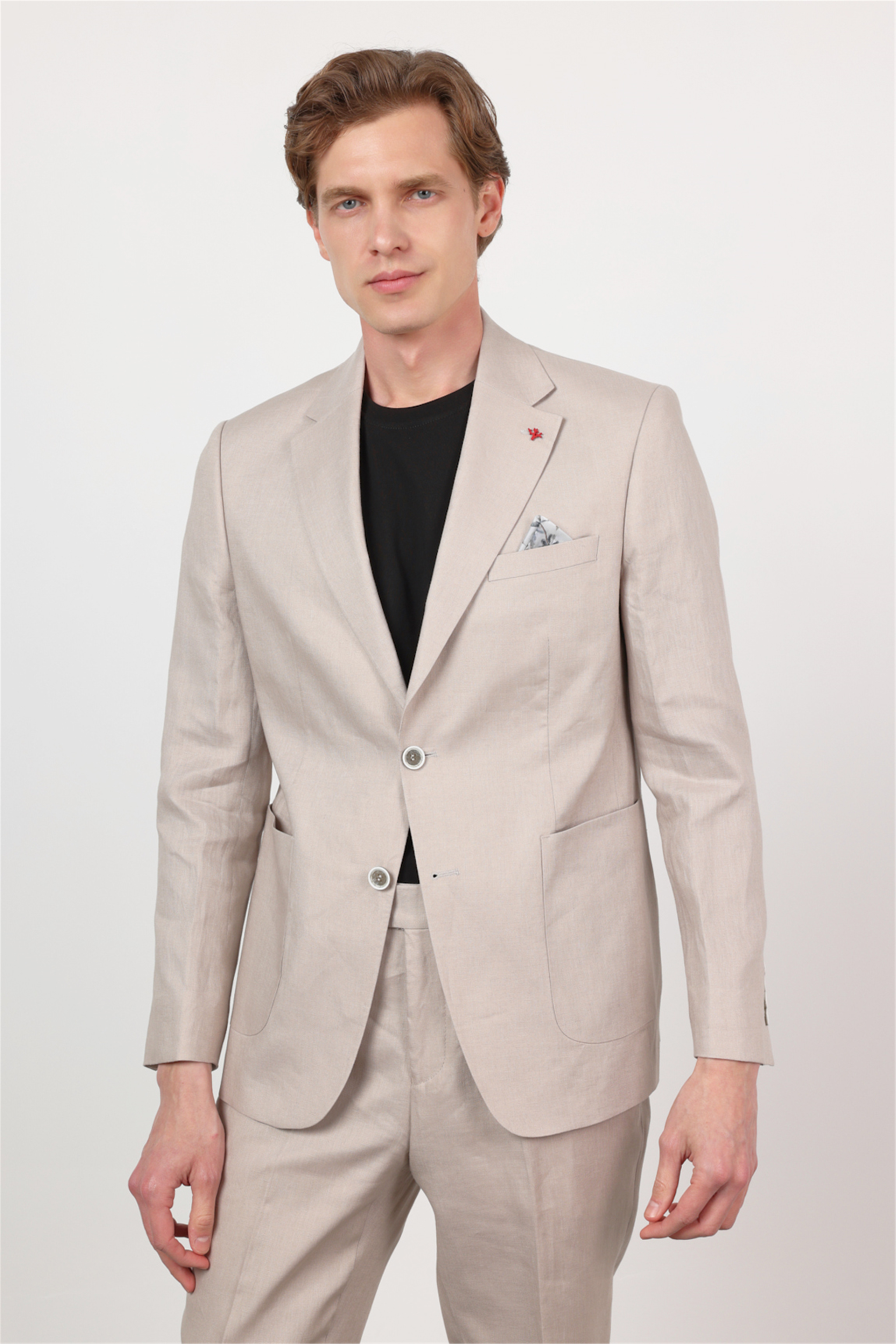 Bej Mono Yaka Keten 6 Drop Slim Fit Yarım Astar %100 Keten Takım Elbise 1001260164