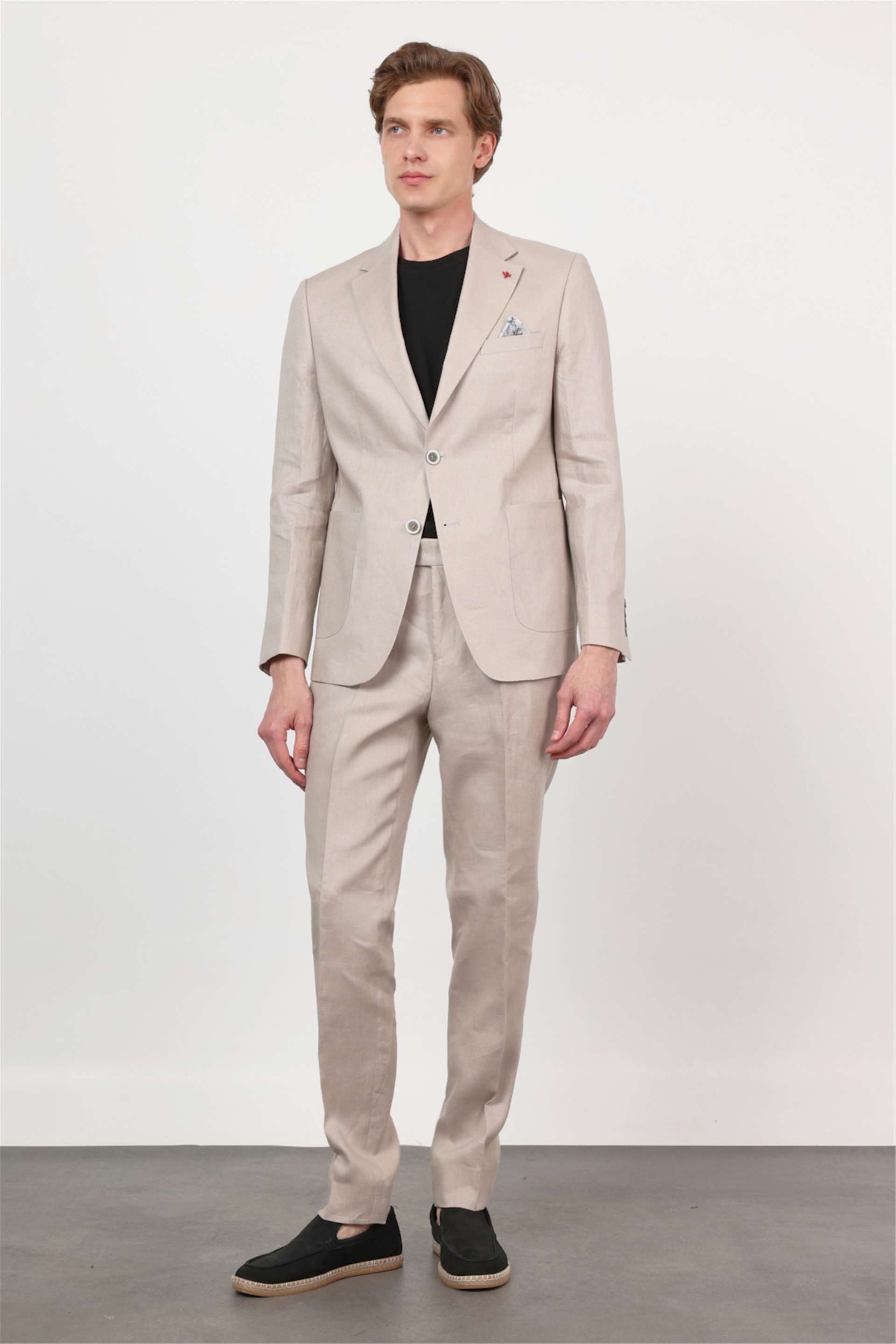 Bej Mono Yaka Keten 6 Drop Slim Fit Yarım Astar %100 Keten Takım Elbise 1001260164