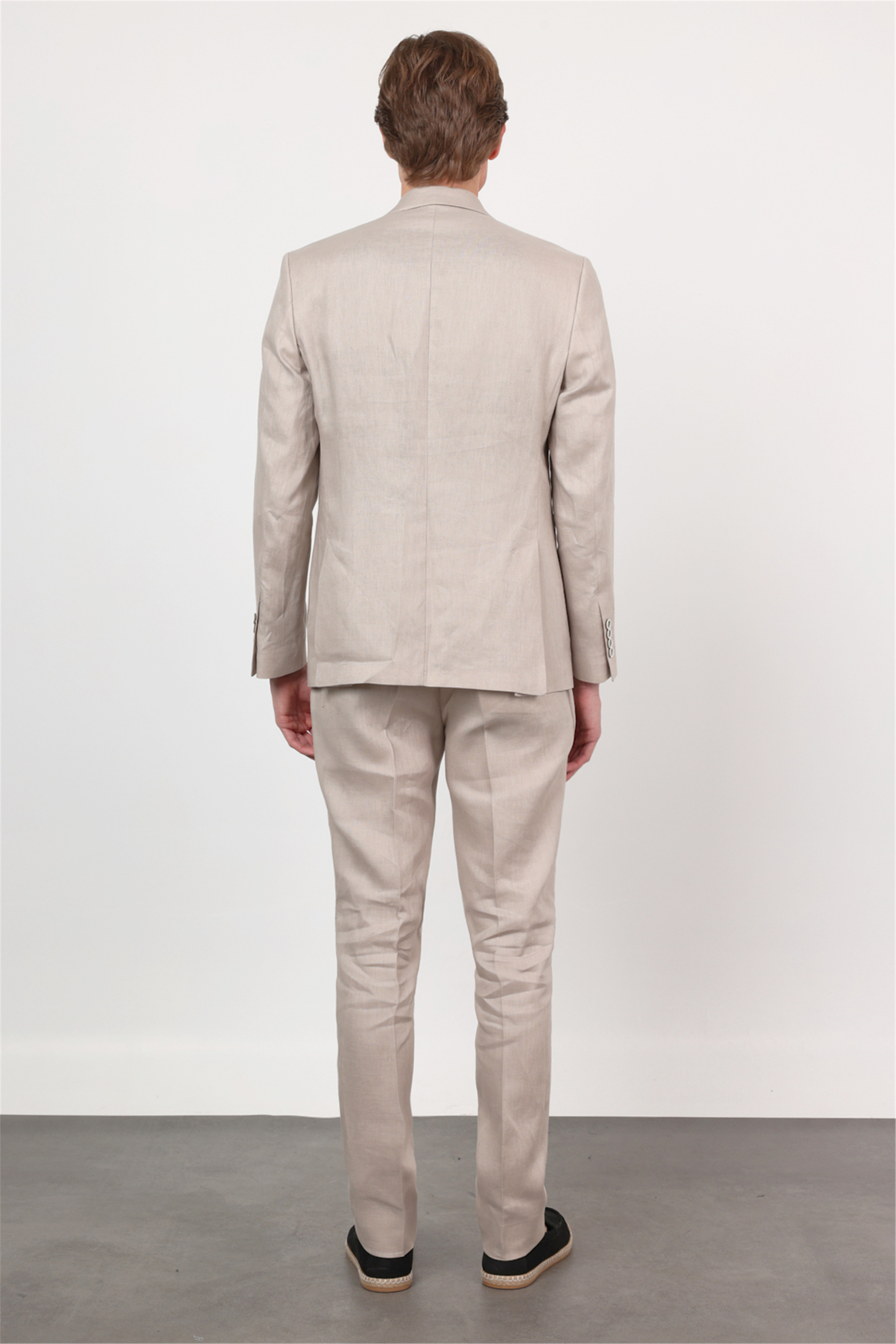 Bej Mono Yaka Keten 6 Drop Slim Fit Yarım Astar %100 Keten Takım Elbise 1001260164