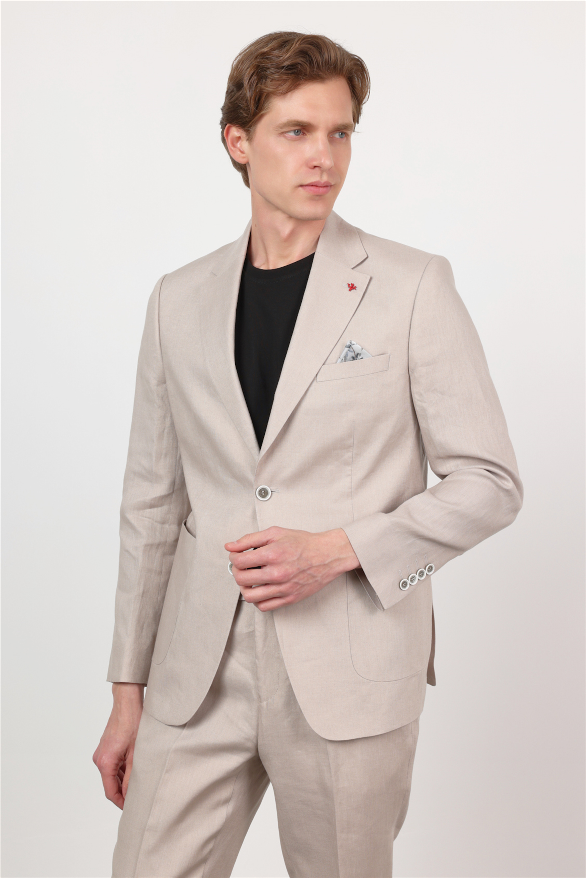 Bej Mono Yaka Keten 6 Drop Slim Fit Yarım Astar %100 Keten Takım Elbise 1001260164