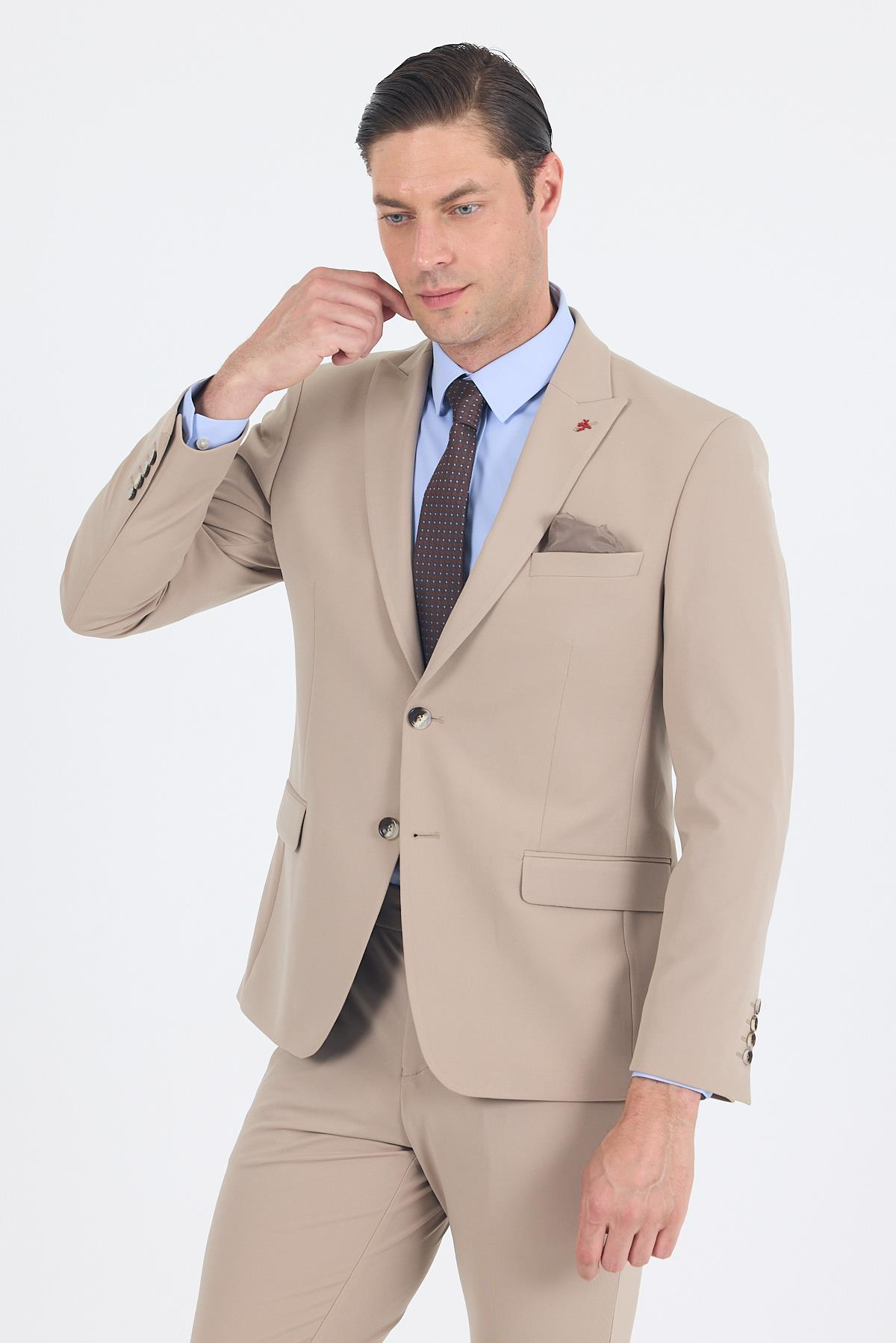 Bej Kırlangıç Yaka Örme Beli Lastikli 6 Drop Slim Fit Kelebek Astar Esnek Takım Elbise 1001250176