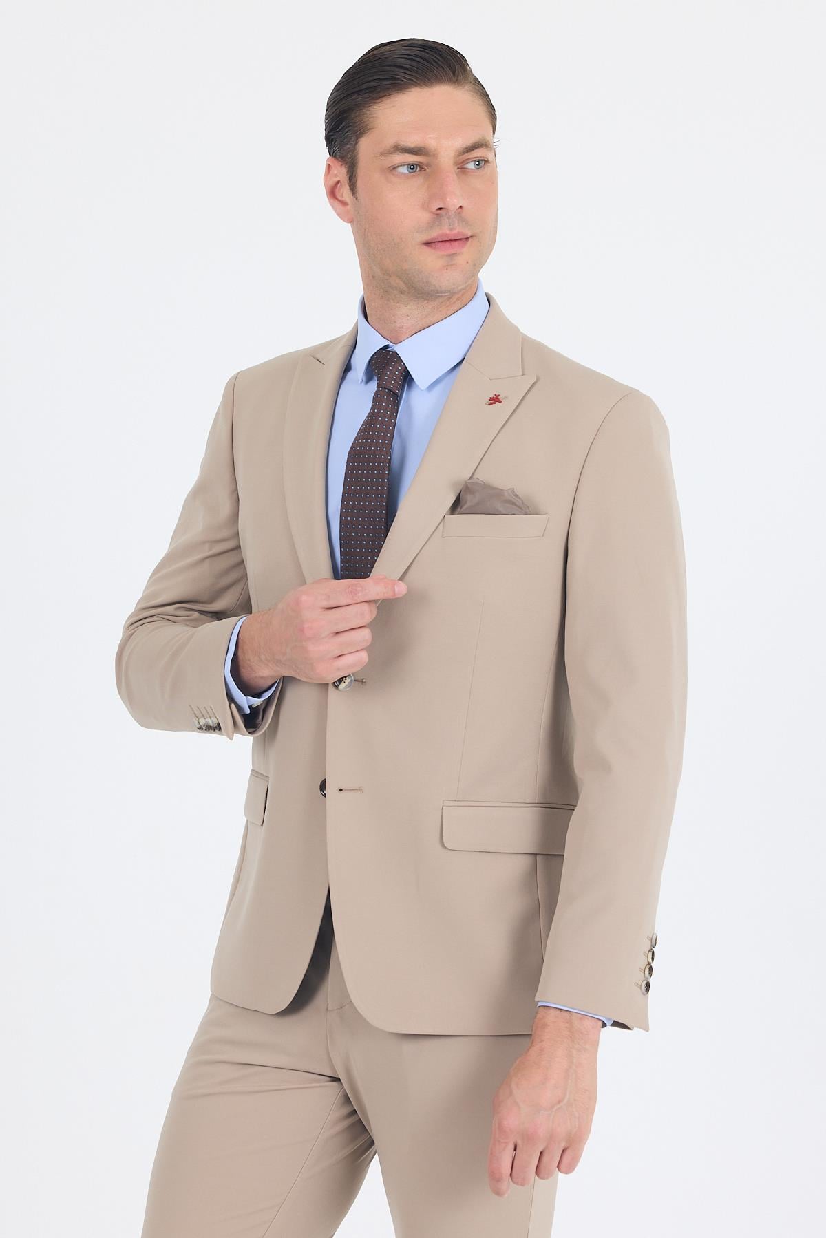 Bej Kırlangıç Yaka Örme Beli Lastikli 6 Drop Slim Fit Kelebek Astar Esnek Takım Elbise 1001250176