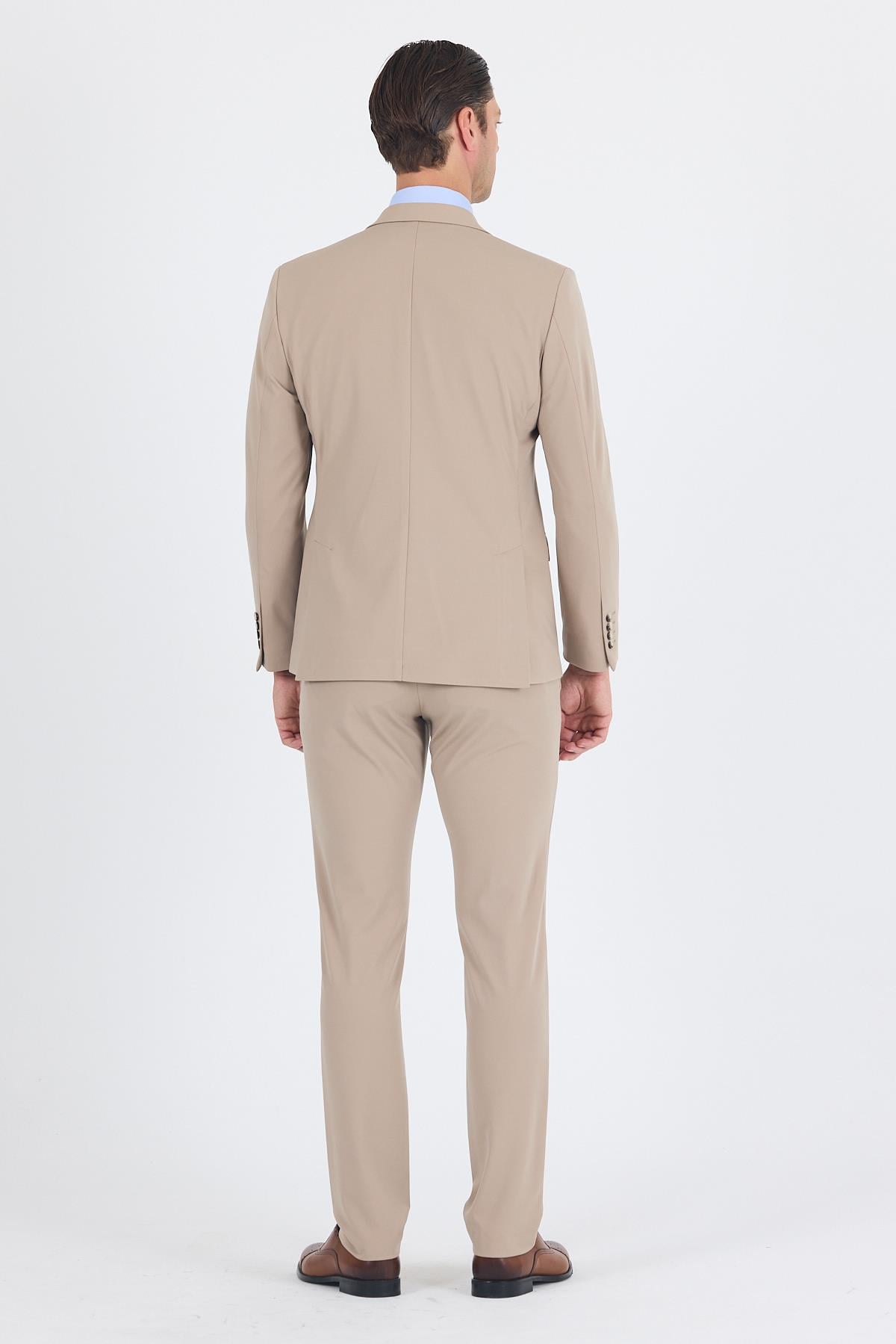 Bej Kırlangıç Yaka Örme Beli Lastikli 6 Drop Slim Fit Kelebek Astar Esnek Takım Elbise 1001250176