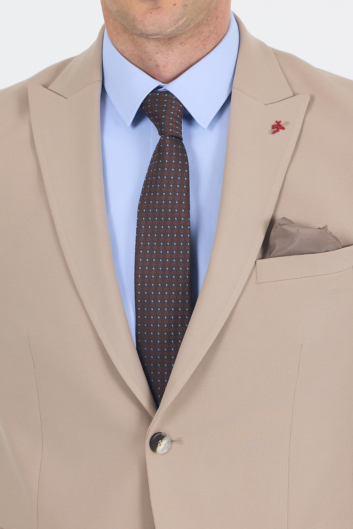 Bej Kırlangıç Yaka Örme Beli Lastikli 6 Drop Slim Fit Kelebek Astar Esnek Takım Elbise 1001250176
