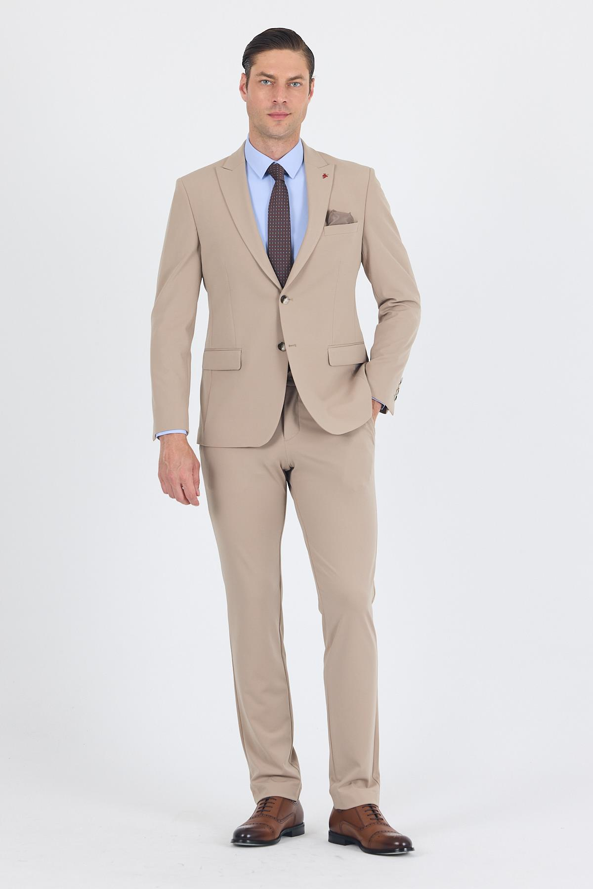 Bej Kırlangıç Yaka Örme Beli Lastikli 6 Drop Slim Fit Kelebek Astar Esnek Takım Elbise 1001250176