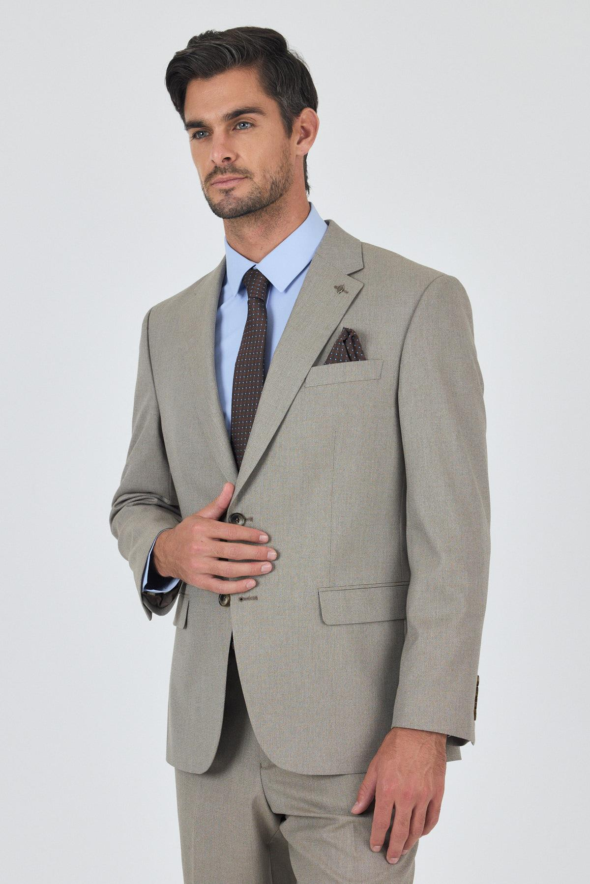 Bej Mono Yaka 4 Drop Comfort Fit Tam Astar Esnek Takım Elbise 1001250160
