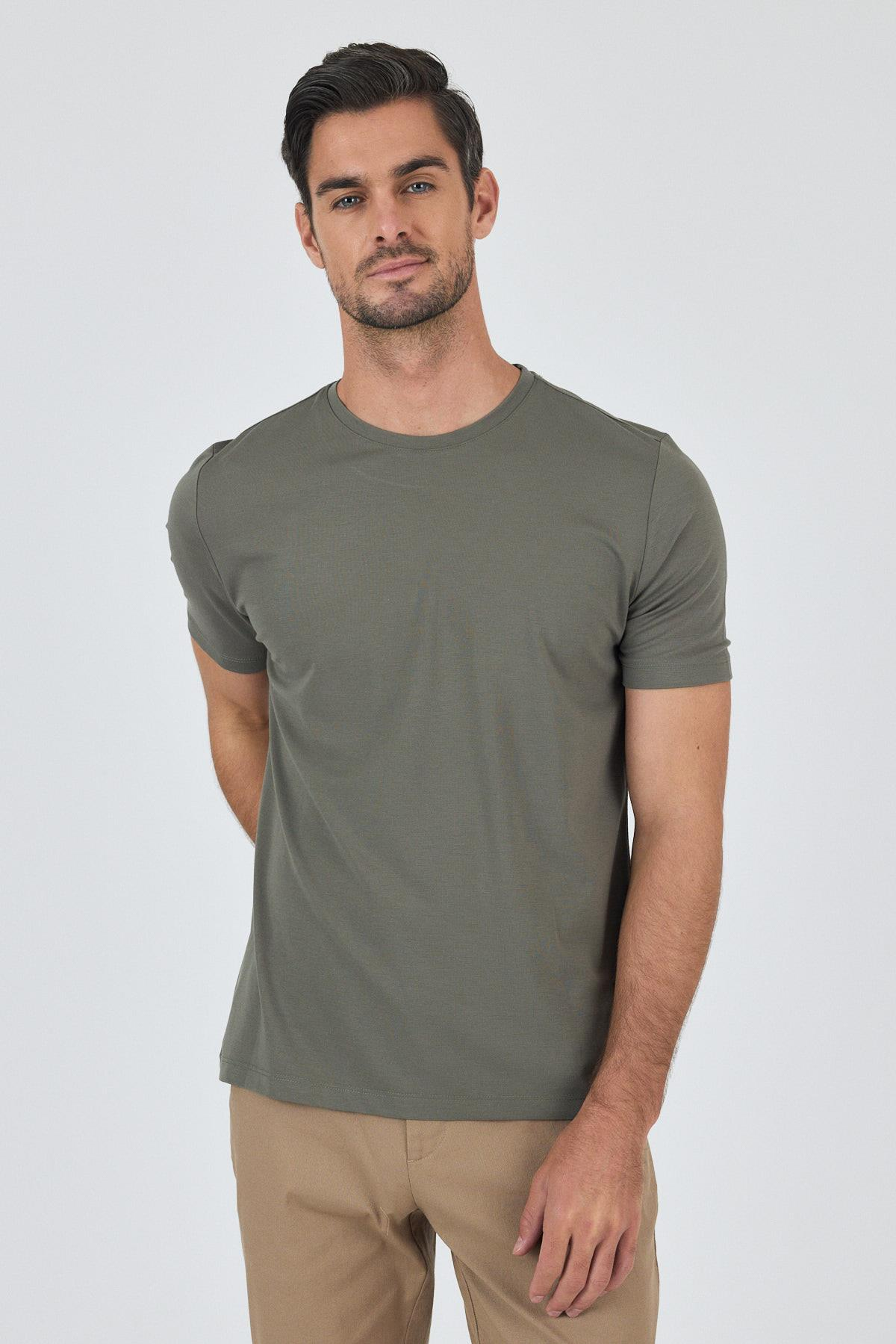 Haki Kısa Kol Bisiklet Yaka Cepsiz Pamuklu Casual Slim Fit Tişört 1011250165