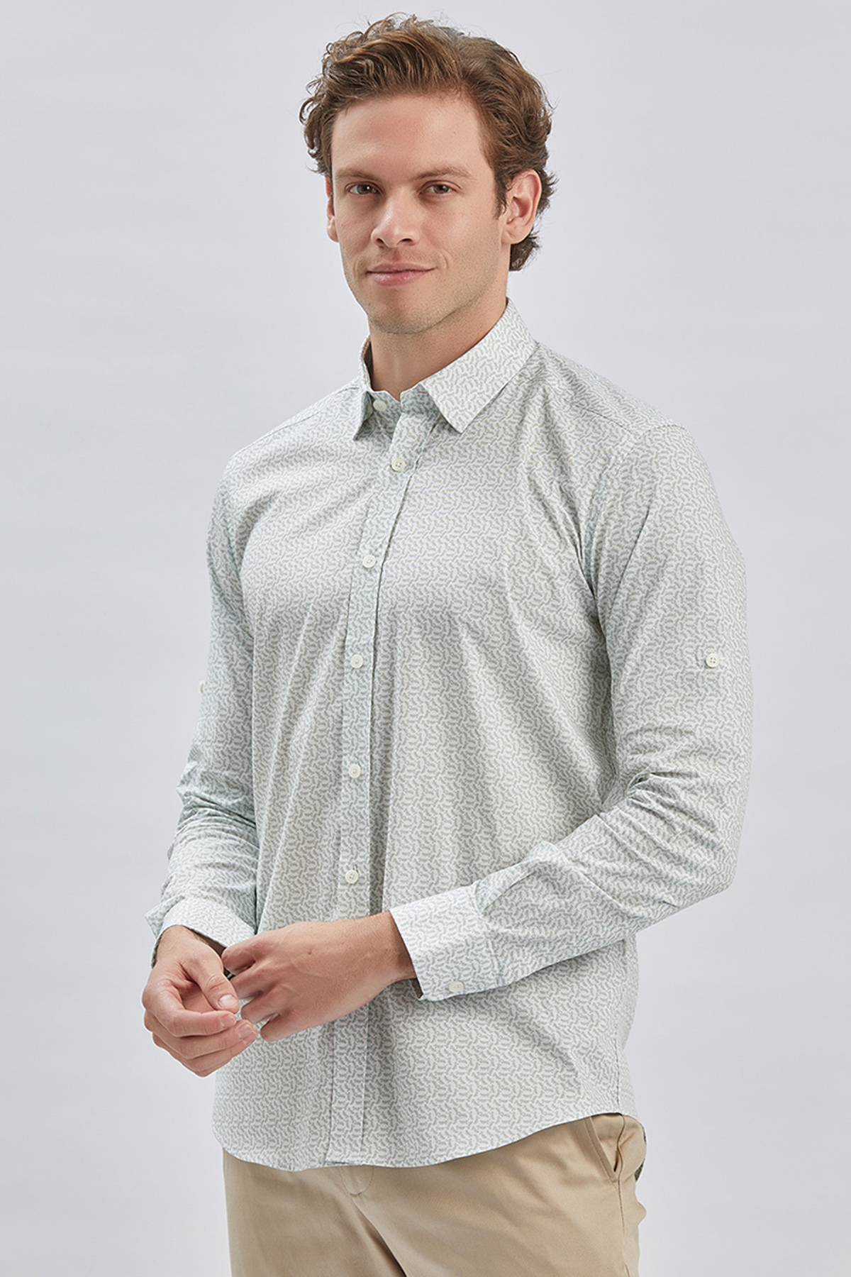Haki Kısalabilir Kol Baskılı Düğmeli Yaka Cepsiz Klasik Slim Fit Gömlek 1004240116